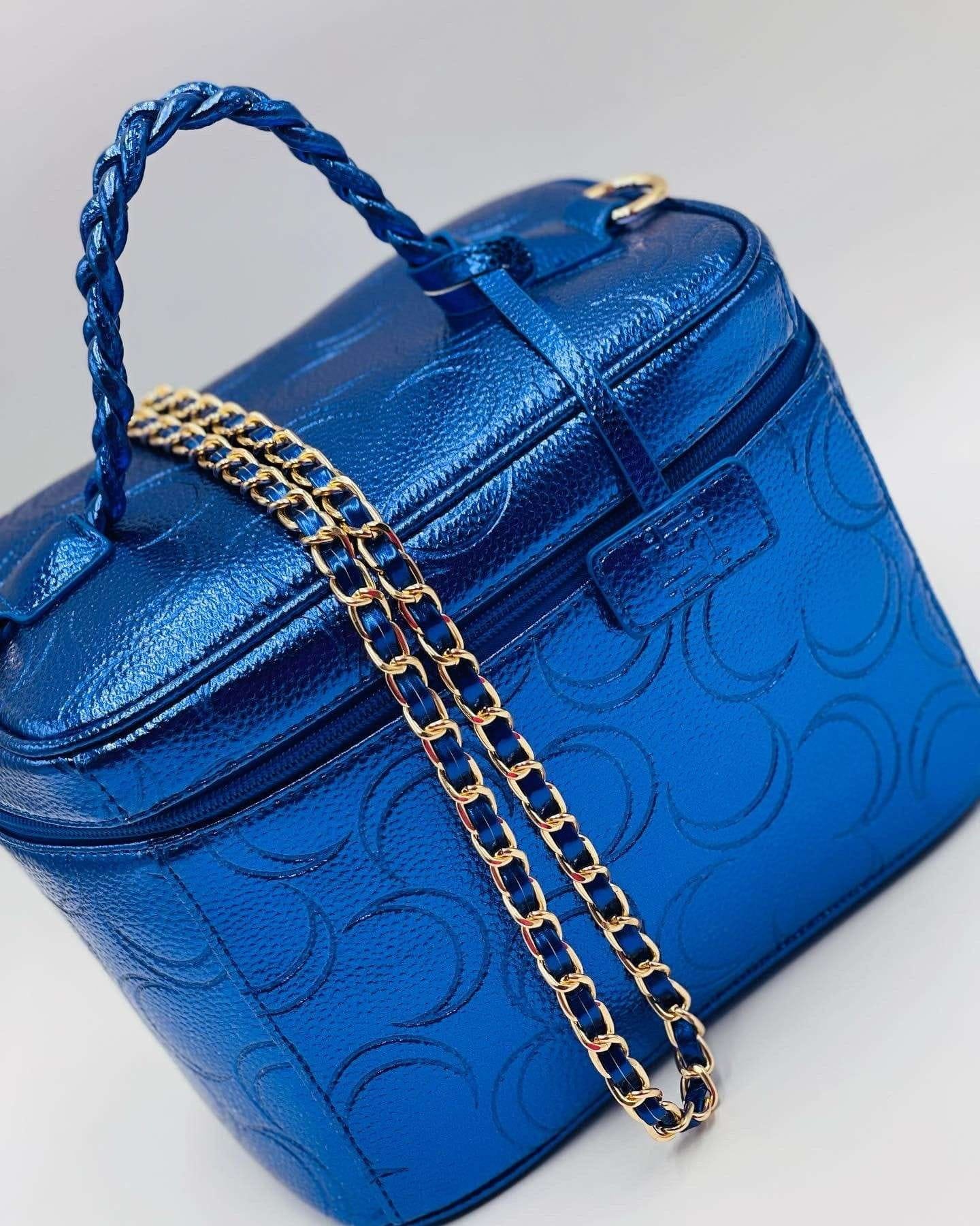 Shiny Blue Metallic Blue Leather, Moon Bags, Manifestation , Healing Crystals bag,  Fashion Bags With Gold Chains, Blue Purses, Black Owned Handbag Designer