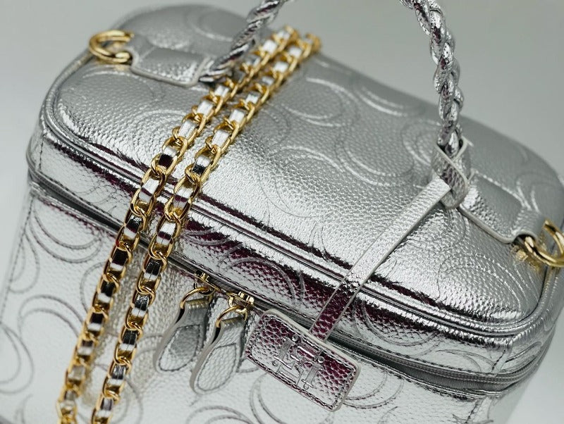 Platinum Metallic Silver Leather, Vanity Case Purse, Silver Leather Purse, Travel makeup Purses, Braided Handle Purses, Evening Purses, Black owned Handbags, Top Designer Luxury Purse and Handbags, Silver Purse, Shiny Purses , Healing Crystal Bags, Manifestation Bags, Moon Bags