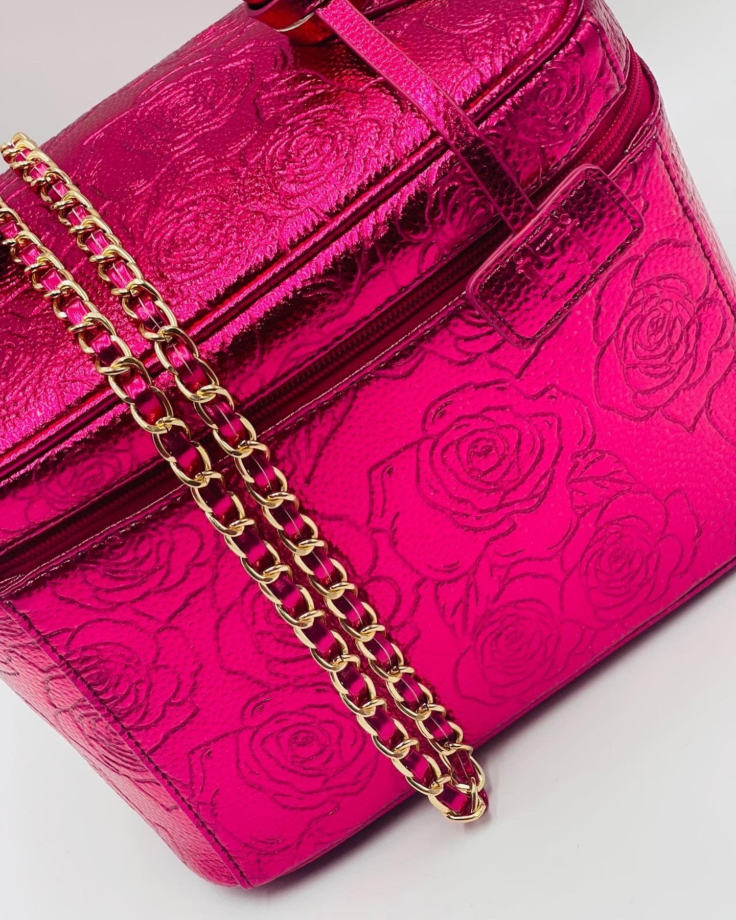 Braided Top Handle Metallic Pink Leather Rose Statement Crossbody Travel Cosmetic Vanity Case Handbag