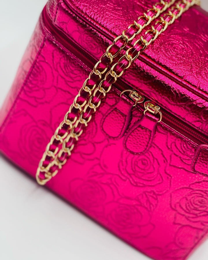 Pink Leather, Bag Covered in Roses, Magenta Pink Handbags, Metallic Pink Purse, Pink Purses, Pink Handbags, Statement Handbags, Evening bags, Casual Handbags, Designer Purses, New Black owned Handbags, Chain crossbody bags